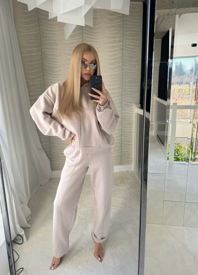 Eleganckie spodnie dresowe z prostą nogawką w kolorze beżowym SAND SOFT ZIP