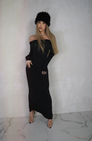 Czarna sukienka maxi z odkrytymi ramionami i wiązaniem SILKY MOVE DRESS 